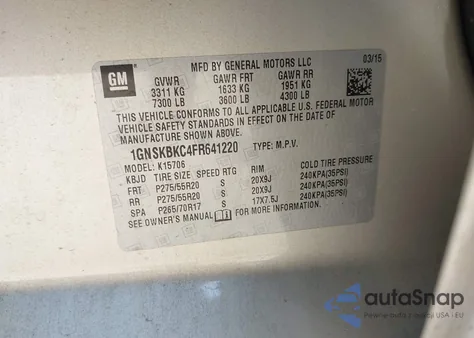 2015 Chevrolet Tahoe Lt z USA, uszkodzony, nr VIN 1GNSKBKC4FR641220